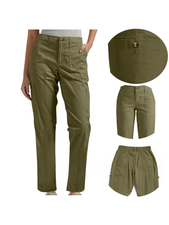 Women's Casual Pants Straight Leg Stretchy Business Dress Pull On Trousers Hiking Pant with Pockets Army Green 2XL