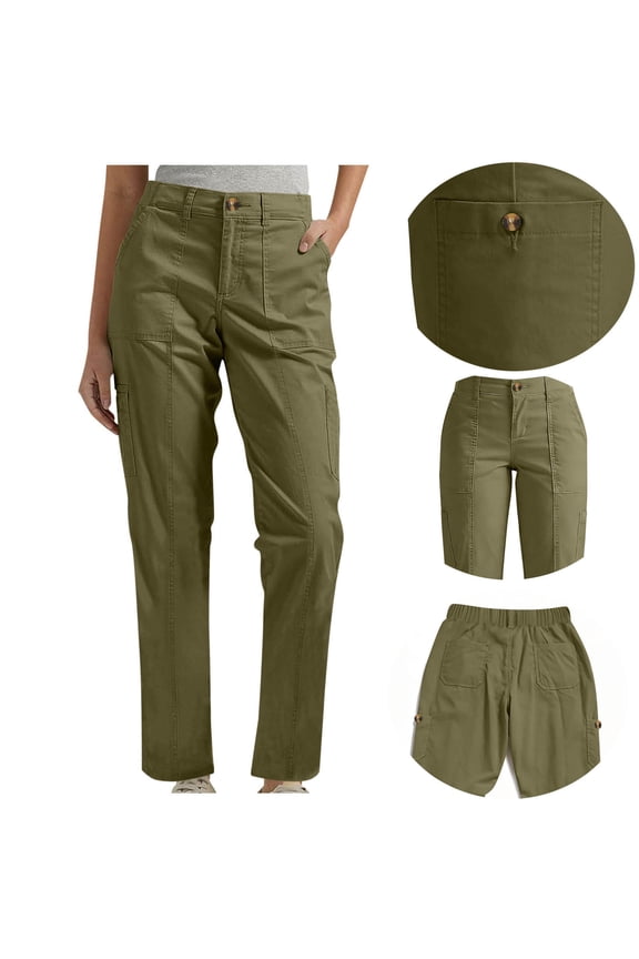 Women's Casual Pants Straight Leg Stretchy Business Dress Pull On Trousers Hiking Pant with Pockets Army Green 2XL