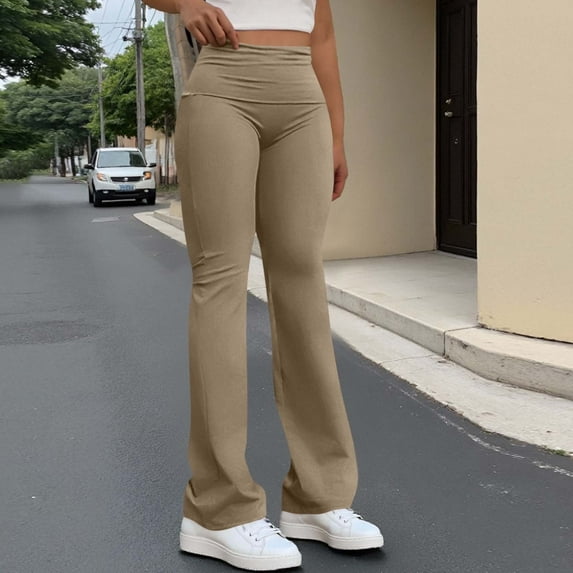 CQONEPT Women's Casual Yoga Pants High Waist Stretchy Pant Tummy Control Flared Skinny Streetwear Trousers with Pocket Khaki S