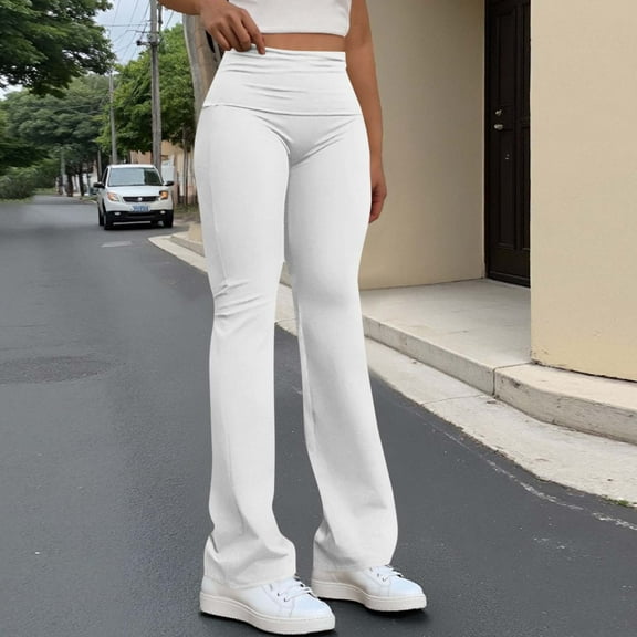 CQONEPT Women's Casual Yoga Pants High Waist Stretchy Pant Tummy Control Flared Skinny Streetwear Trousers with Pocket White S