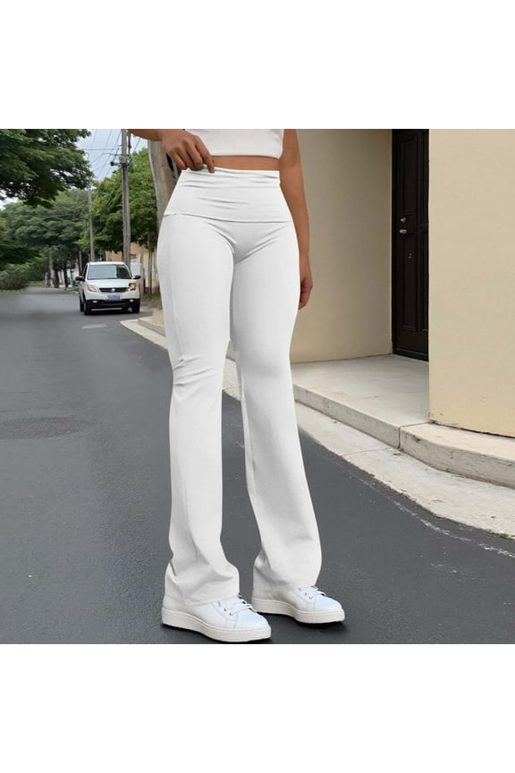 Women's Casual Yoga Pants High Waist Stretchy Pant Tummy Control Flared Skinny Streetwear Trousers with Pocket White S