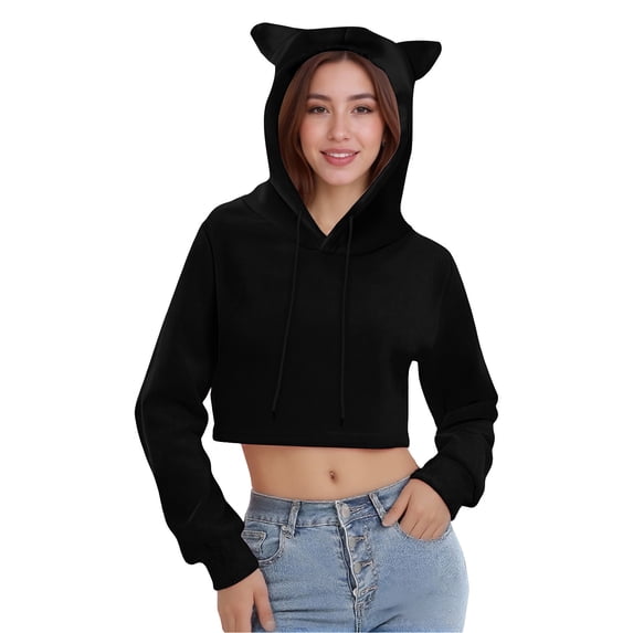 CQONEPT Women's Cat Print Crop Hoodie Long Sleeve Sweatshirt Top Trendy Casual Wear Black XL