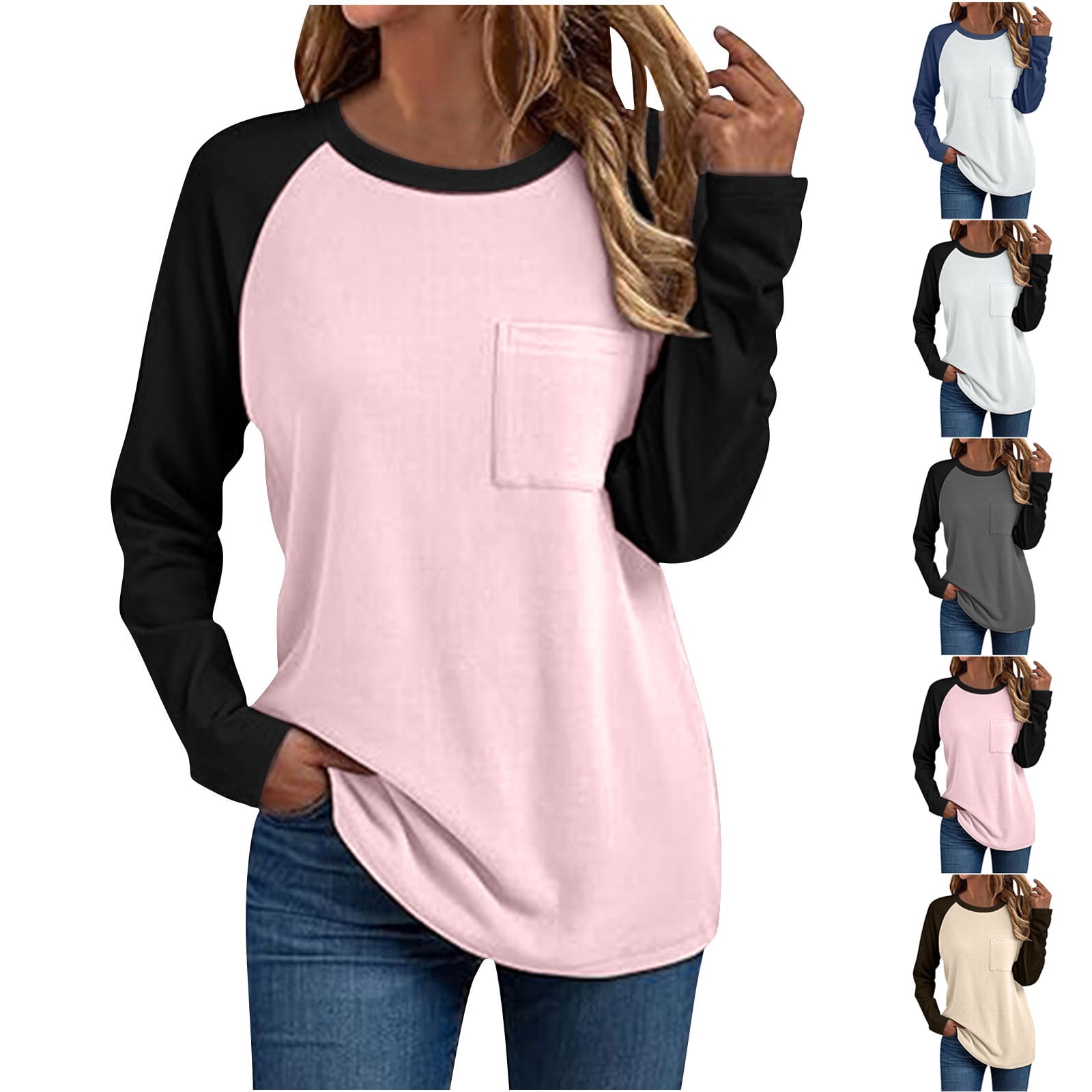 CQONEPT Women's Color Block Striped Tee Long Sleeve Crewneck T