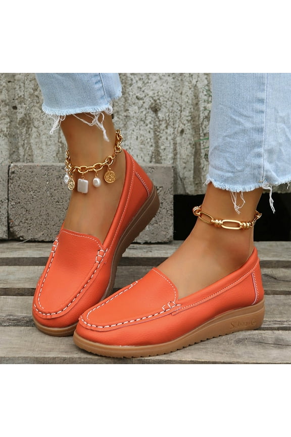 Women's Comfort Leather Flat Slip On Loafers Casual Round Toe Soft Sole Moccasins Boat Shoes Classic Driving Lightweight Penny Work Shoe Size 5.5 Orange