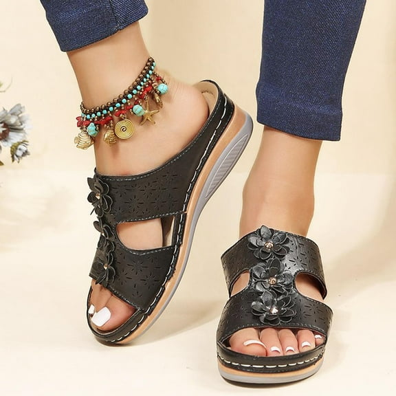 CQONEPT Women's Comfortable Platform Wedges Hook&Loop Adjustable Strappy Flower Black Sandals -Rhinestone Rivets Ladies Indoors Or Outdoors Comfortable Brown Slides For Women Size 8.5 Black