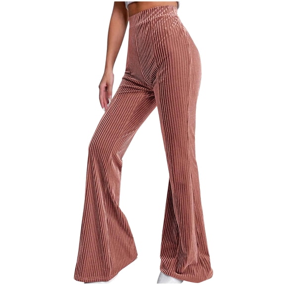 CQONEPT Women's Corduroy Pant Bell Bottom Casual Baggy High Waist Pant Fall Fashion Wide Leg Trousers with Pockets Pink L