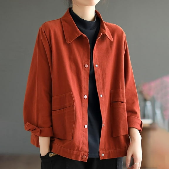 CQONEPT Women's Cotton Jackets Lapel Neck Casual Shacket Plain Cargo Coats Fashion Fall Winter Blouse with Pockets Orange L