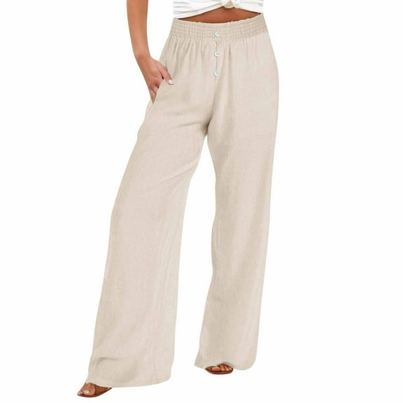 CQONEPT Women's Cotton Linen Pants Button Fron Flowy Leisure Elastic Waist Palazzo Pants with Pockets Beige L