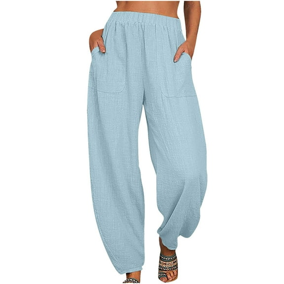 CQONEPT Women's Cotton Linen Pants Elastic Waist Leisure Baggy Lightweight Trendy Vacation Pants with Pockets Sky Blue 2XL