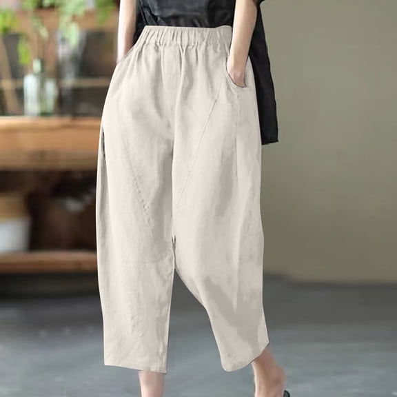 CQONEPT Women's Cotton Linen Pants Wide Leg Casual Slacks Pants Elastic Waist Outdoor Trousers with Pockets Khaki M