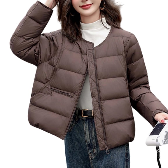 CQONEPT Women's Cotton Overcoat Crewneck Quilted Puffer Jacket Thicken Outerwear Zip Up Winter Coats Going Out Clothes Coffee L