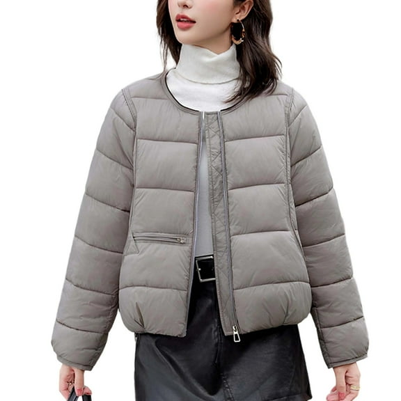 CQONEPT Women's Cotton Overcoat Crewneck Quilted Puffer Jacket Thicken Outerwear Zip Up Winter Coats Going Out Clothes Gray L