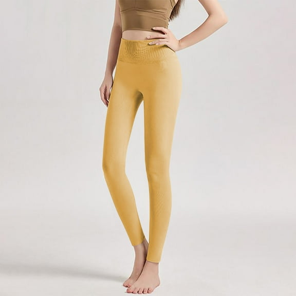 CQONEPT Women's Cotton Yoga Pants Tummy Control Casual Stretchy Leggings Slim Fit Comfy Workouts Cycling Gym Pant Yellow XL