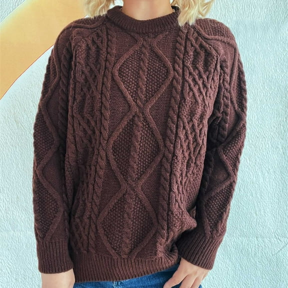 CQONEPT Women's Crewneck Sweaters Cable Chunky Soft Undershitrts Solid Color Trendy Long Sleeve Warm Tops Brown M