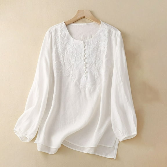 CQONEPT Women's Crochet Tops Linen Cotton Crewneck Long Sleeve Shirts Vintage Trendy Pullover Button Outdoor Blouse White XL