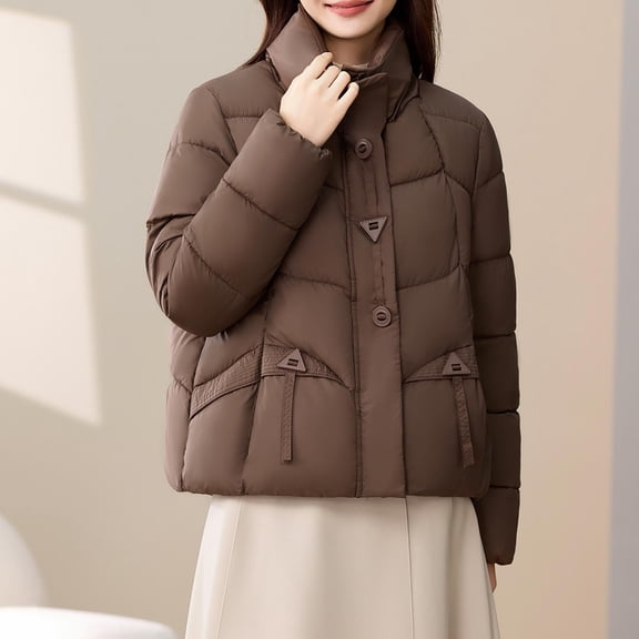 CQONEPT Women's Crop Jacket Coat Quilted Puff Padded Casual Warm Overcoat Full Zip Turtleneck Down Coats with Pockets Coffee XL