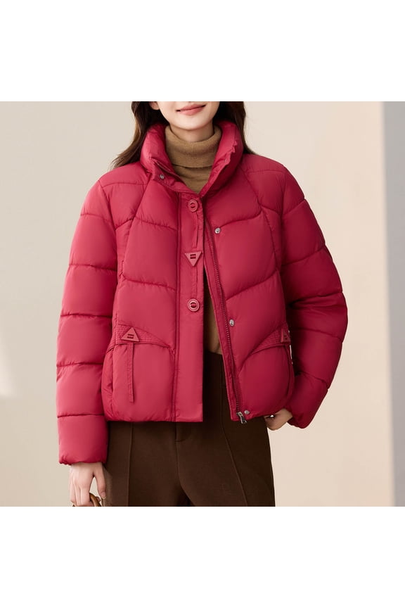 Women's Crop Jacket Coat Quilted Puff Padded Casual Warm Overcoat Full Zip Turtleneck Down Coats with Pockets Red M