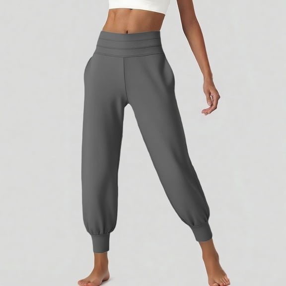 CQONEPT Women's Crop Pants High Rise Tapered Petite Casual Loose Fit Pant Athletic Running Cycling Trousers Gray XL