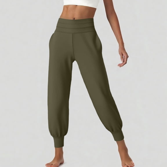 CQONEPT Women's Crop Pants High Rise Tapered Petite Casual Loose Fit Pant Athletic Running Cycling Trousers Green XL
