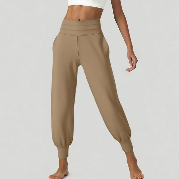 CQONEPT Women's Crop Pants High Rise Tapered Petite Casual Loose Fit Pant Athletic Running Cycling Trousers Khaki S