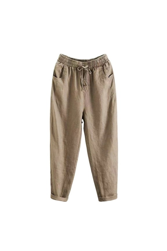 Women's Cropped Pants Lounge Drawstring Elastic Wais Pull on Casual Workouts Trousers with Pockets Khaki XL