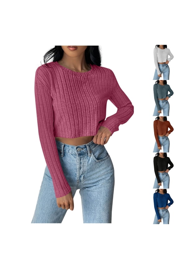 Women's Cropped Ribbed Knit Sweater Trendy Crewneck Pullover Fall Winter Jumper with Stretchy Fabric Gray M