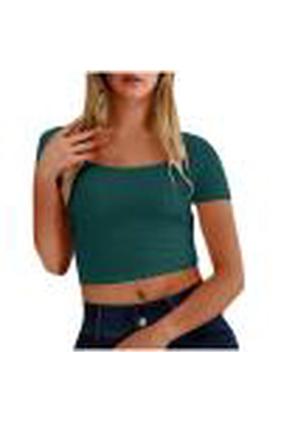 Women's Cropped Tops Short Sleeve Tshirt Tank Summer Casual Slim Fit Boat Neck Skinny Comfy Tee Army Green L