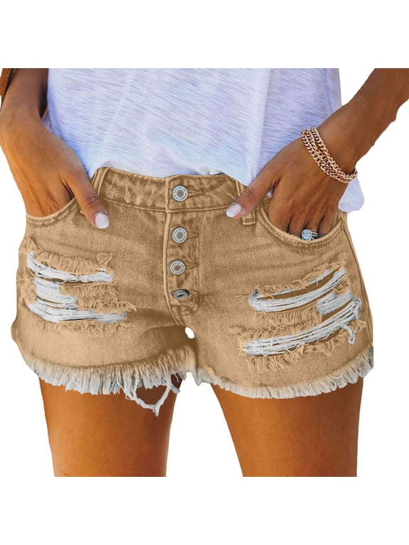 Women's Denim Jean Shorts High Waist Ripped Cut off Distressed Summer Shorts Casual Jean Pants with Pockets Khaki XL