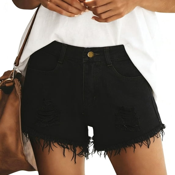 CQONEPT Women's Denim Shorts Distressed Cut Off Ripped Short Jean Hem Edge Button Summer Fashion 3 Inch Jean with Pocket Black L