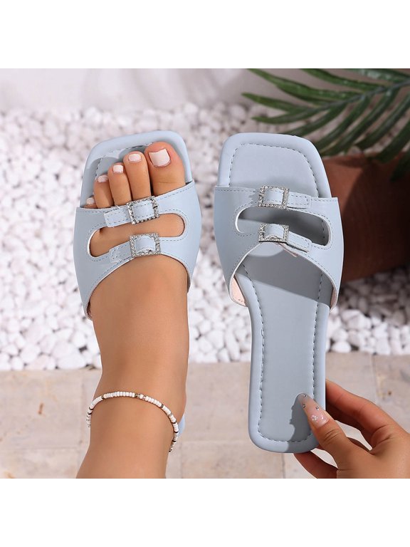 Women's Double Band Slide Sandals Comfortable Faux Leather Open Toe Flat Sandals for Casual Summer Flats Wedge Sandal Blue 36