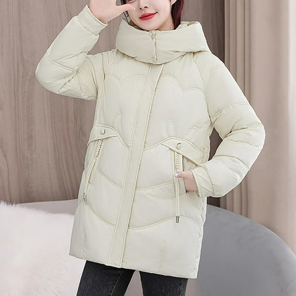 CQONEPT Women's Down Coats Quilted Puffer Hoodie Jacket Insulated Long Overcoat Full Zip Padded Outerwear with Pockets Beige 2XL