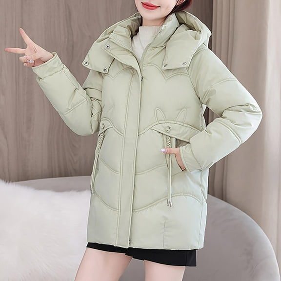 CQONEPT Women's Down Coats Quilted Puffer Hoodie Jacket Insulated Long Overcoat Full Zip Padded Outerwear with Pockets Green 3XL