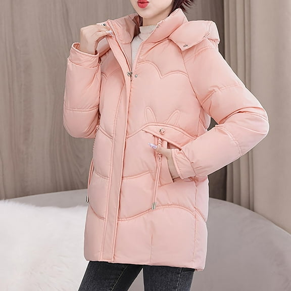 CQONEPT Women's Down Coats Quilted Puffer Hoodie Jacket Insulated Long Overcoat Full Zip Padded Outerwear with Pockets Pink 2XL