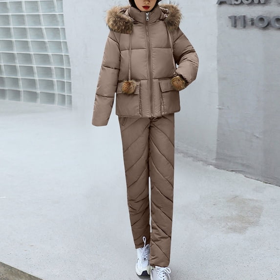 CQONEPT Women's Down Jumpsuit Padded Windbreaker Waterproof Snow Ski Pants Insulated Warm Winter Outdoor Puffy Pant Brown 2XL