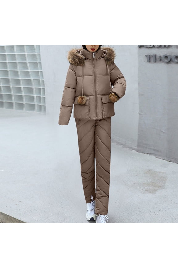 Women's Down Jumpsuit Padded Windbreaker Waterproof Snow Ski Pants Insulated Warm Winter Outdoor Puffy Pant Brown XL