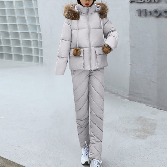 CQONEPT Women's Down Jumpsuit Padded Windbreaker Waterproof Snow Ski Pants Insulated Warm Winter Outdoor Puffy Pant Gray L