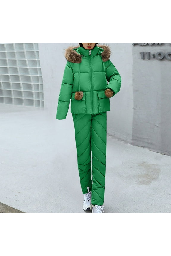 Women's Down Jumpsuit Padded Windbreaker Waterproof Snow Ski Pants Insulated Warm Winter Outdoor Puffy Pant Green XL