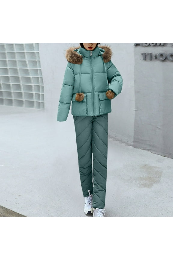 Women's Down Jumpsuit Padded Windbreaker Waterproof Snow Ski Pants Insulated Warm Winter Outdoor Puffy Pant Light Blue 2XL