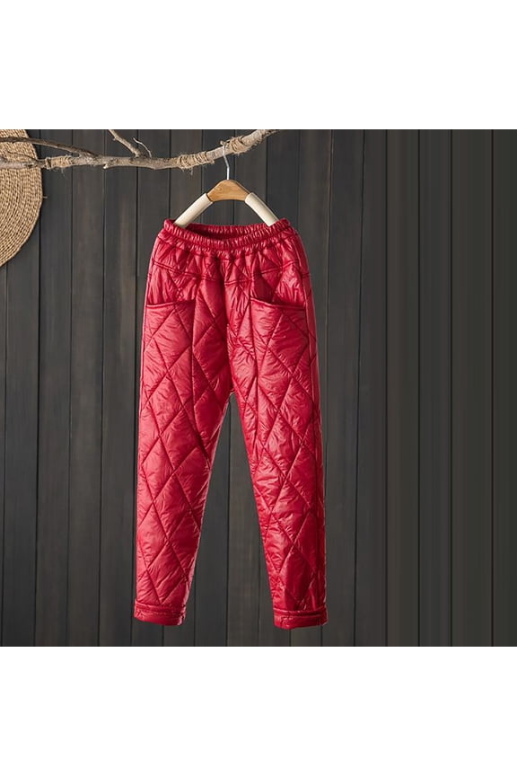 Women's Down Pant Puffy Snow Ski Windproof Padded Pant Warm Winter Cozy Elastic Waisted Trousers with Pocket Red M