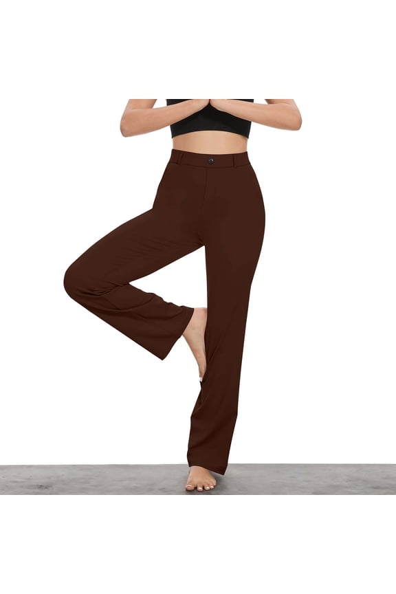 Women's Dress Pants Office Slacks Straight Leg Pant Pull On Slacks for Work Trousers with Pockets Brown L