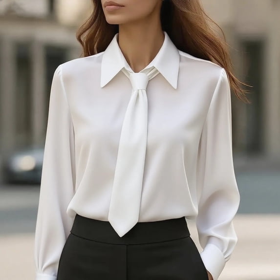 CQONEPT Women's Elegant Office Shirts Long Sleeve Dressy Loose Fit Button Down Lapel Blouse Business Casual Tops with Tie White L