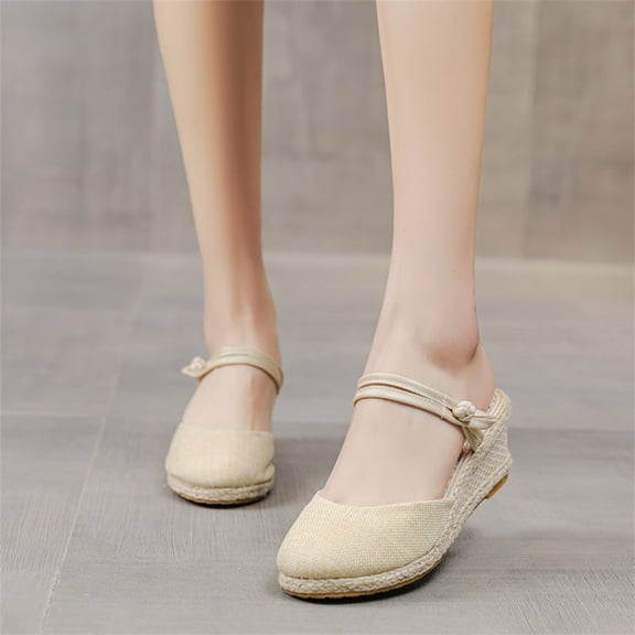 CQONEPT Women's Espadrille Low Wedge Heel Sandals with Buckle Ankle Strap Close Toe Casual Dressy Summer Platform Shoes Size 5 Beige