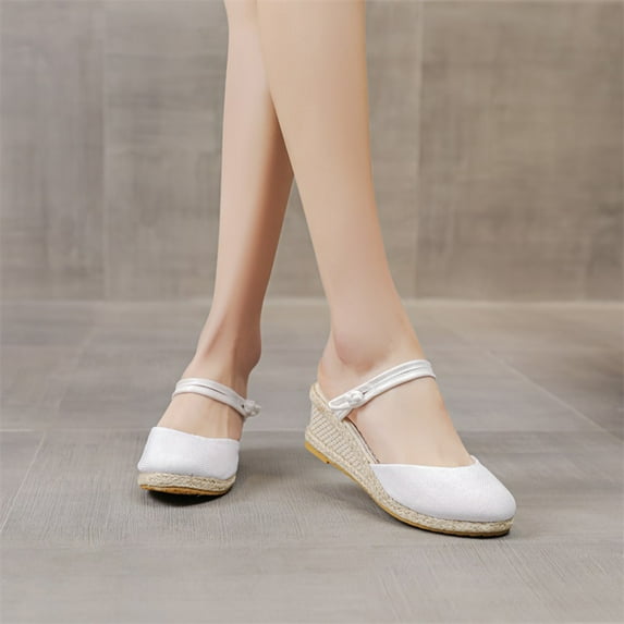 CQONEPT Women's Espadrille Low Wedge Heel Sandals with Buckle Ankle Strap Close Toe Casual Dressy Summer Platform Shoes Size 5 White
