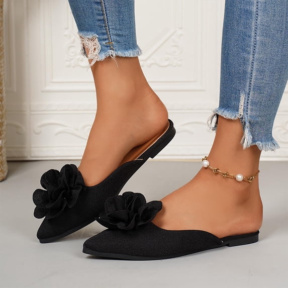 CQONEPT Women's Fashion Casual Mules with Round Toe Flat Comfortable Slip On Pointed Toe Loafers Flats Slippers Black 37