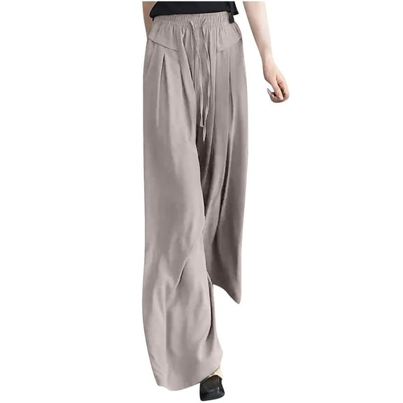 CQONEPT Women's Fashion Pants Wide Leg Flowy Pants Drawstring Dressy Lounge Comfortable Trendy Trousers Khaki L