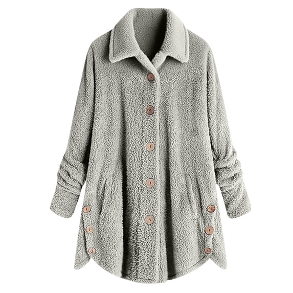 CQONEPT Women's Faux Fleece Hoodie Fuzzy Button Up Sweatshirt Coat Gray XL