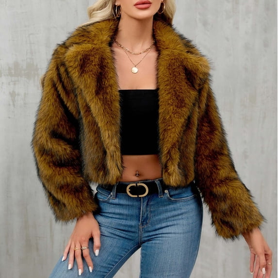 CQONEPT Women's Faux Fur Coats Lapel Neck Jackets Sherpa Fleece Cardigan Thicken Outerwear Trendy Winter Coat Brown S