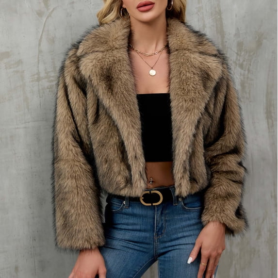CQONEPT Women's Faux Fur Coats Lapel Neck Jackets Sherpa Fleece Cardigan Thicken Outerwear Trendy Winter Coat Khaki XL