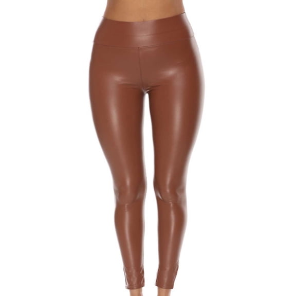 CQONEPT Women's Faux Leather Tighting Fiting High Waist Leggings Pant Lounge Trendy Tummy Control Trousers Brown L