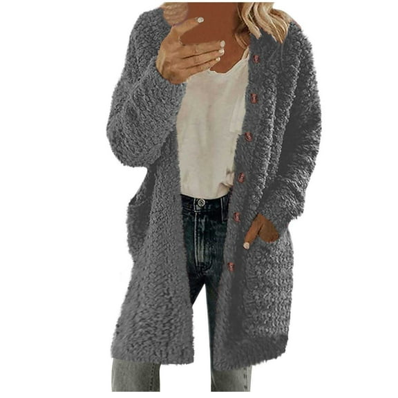CQONEPT Women's Faux Shearling Cardigan Button Down Overcoat Lightweight Fuzzy Jackets Cozy Warm Coats with Pockets Gray L